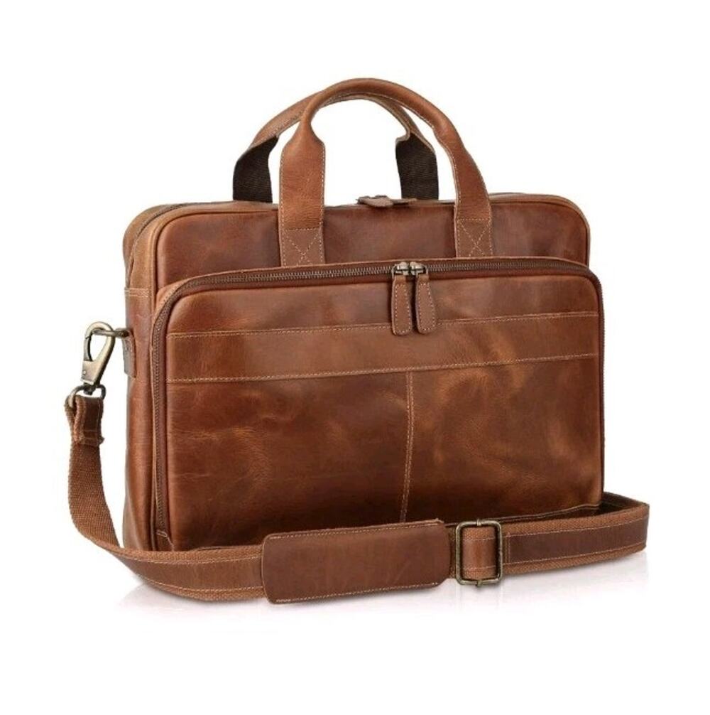 KomalC Vintage 18” Buffalo Leather Laptop Briefcase Office Bag Brown Brand New